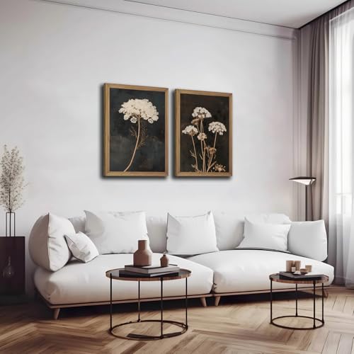 2Pcs Framed Moody Botanical Wall Art with Wood Frame Vintage Queen Anne’s Lace Flower Canvas Paintings Rustic Floral Poste...