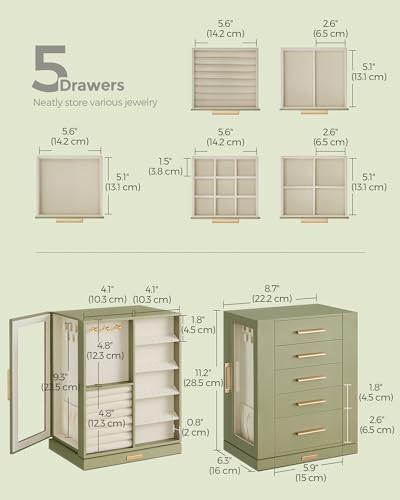SONGMICS Jewelry Box 360° Rotating, Jewelry Storage Case with 5 Drawers, Jewelry Organizer, Glass Window, Spacious, Vertic...