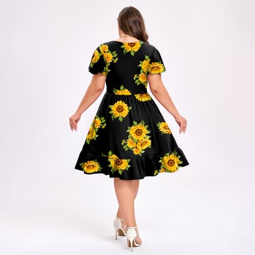Women's Plus Size Casual Dress V Neck Ruffle Floral Short Sleeve Summer Midi Dresses with Pockets