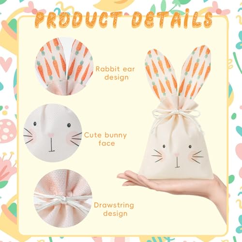 Easter Treat Bags, 3Pcs Easter Bunny Gift Bags, Reusable Burlap Rabbit Ear Gift Pouches with Drawstring for Candy Egg Hunt...