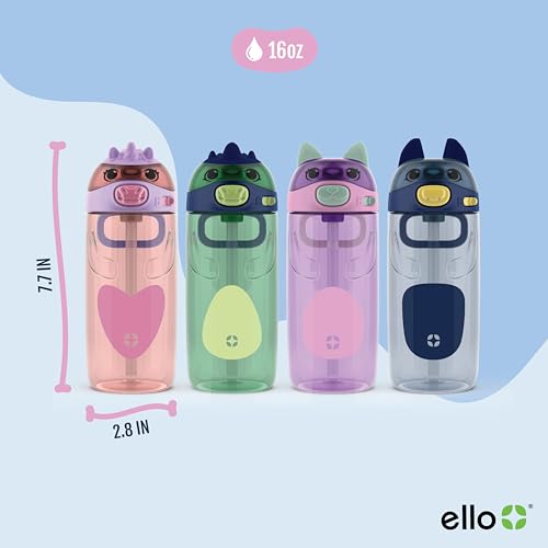 Ello Ellies 16oz Plastic Kids Water Bottle with Straw and Built-in Carrying Handle and Leak-Proof Locking Lid for School b...