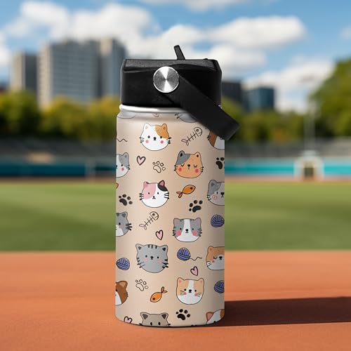 SANDJEST Kids Water Bottle Cat Water Bottles 12oz with Straw Insulated Stainless Steel Travel School Tumbler Double Wall V...