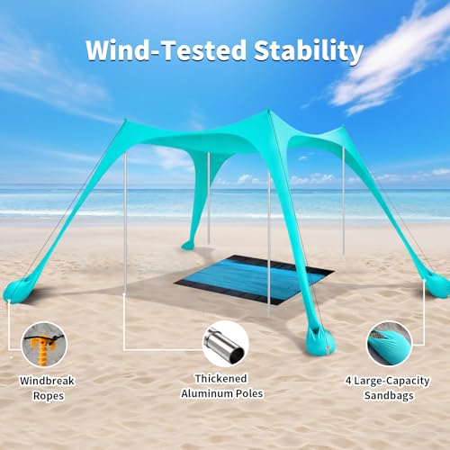12x12 FT Beach Tent Sun Shelter UPF 50+, XL Beach Canopy with 4 Thickened Aluminum Poles, Sandbags, Windproof Portable Bea...