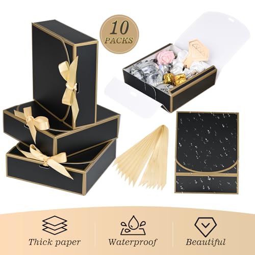 WLUSEAXI 10Pack Small Gift Boxes, 6.5''x6.5''x2'' Black Gift Boxes with Ribbon, Small Boxes for Gifts Birthday Wedding Par...