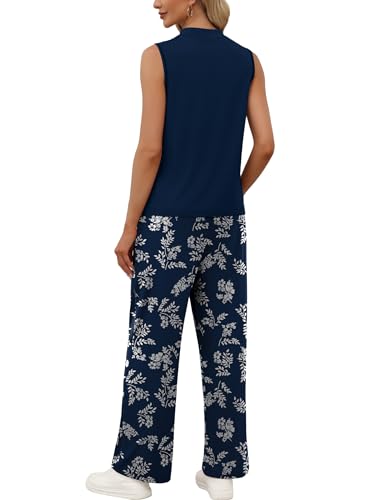 WIHOLL Two Piece Set for Women Summer Spring Outfits Cruise Travel Airport Beach Vacation Mock Neck Wide Leg Pants Set