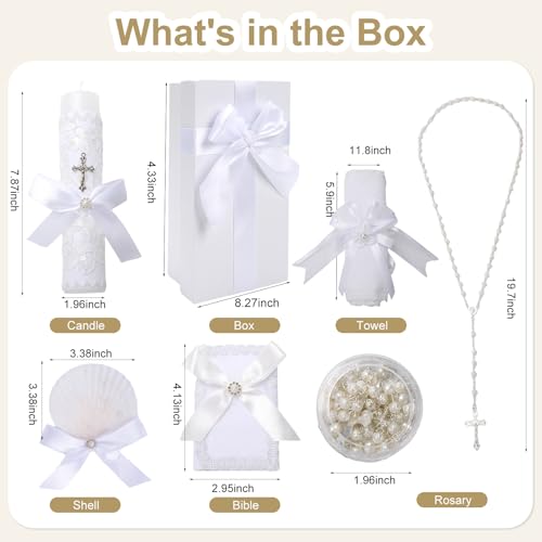 Baptism Candle Set for Boys and Girls,White 5 PCS Baptism Kit Catholic Candle,Baptismal Towel,Shell,Rosary,Bible for Bapti...