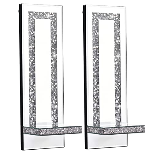 Aeveco Crystal Crush Diamond Mirrored Candle Sconces, Silver Wall Candle holder set of 2, Wall decorations for Living Roo...