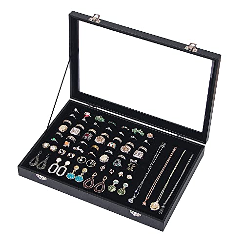 Ausalivan Ring Holder Organizer Box, Jewelry Display Case, Earring Necklace Storage Tray With Top Glass Lid (Black, 100 Sl...