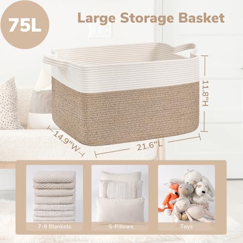 Goodpick Large Woven Blanket Basket, 21.6" x 14.9" x 11.8" Storage Baskets for Organizing, Rectangle Cotton Rope Toy Baske...