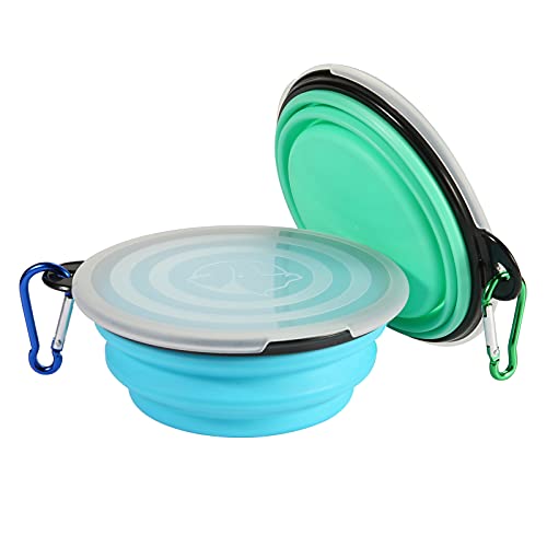 SLSON Collapsible Bowl with Cover Lids,2 Pack Dog Travel Bowls Portable Foldable Cat Water Dish Bowl for Pets Walking Park...