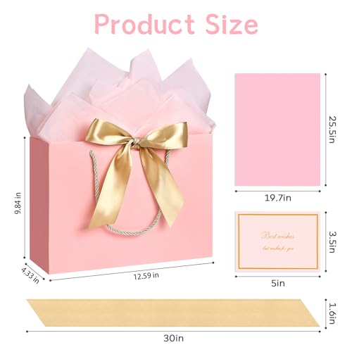 JMANNI Pink Gift Bags with Handles, 13” Medium Gift Bag for Presents, 1 Pcs Bags with 2 Tissue Paper and 1 Cards for Baby ...