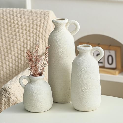 Ceramic Vase Set of 3 with Handle, Neutral Rustic Vases Home Decor Farmhouse Decorative Vase Whitewashed Pottery Decor Mod...