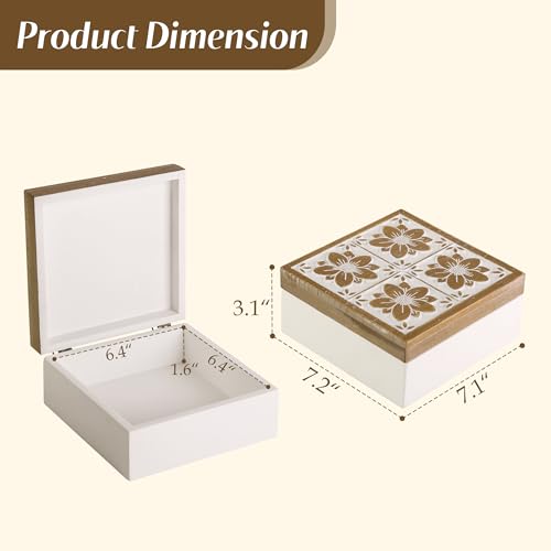 Synovana Floral Wooden Box - Decorative Wood Keepsake Boxes with Hinged Lid, Flower Engraved Design, 7.09" W