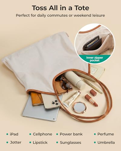 BAGSMRT Corduroy Tote Bag for Women with PU Leather Handles, Casual Shoulder Bag with Zipper Handbag for Travel Work