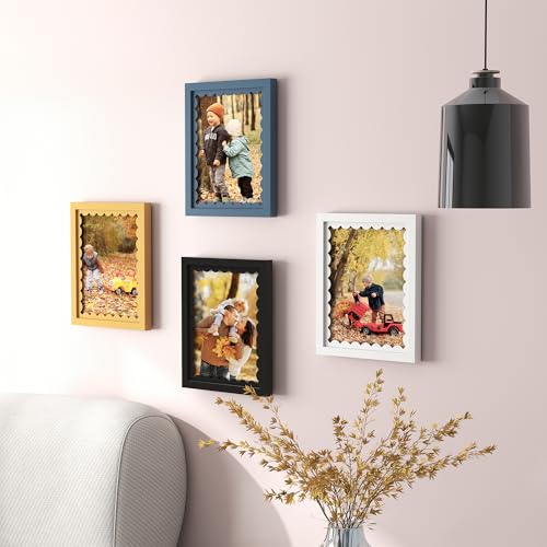 THKRLOF 5x7 Picture Frame with Real Glass, Wooden cute 5 x 7 Photo Frame with Wavy Mat for Tabletop and Wall Hanging, Blu...