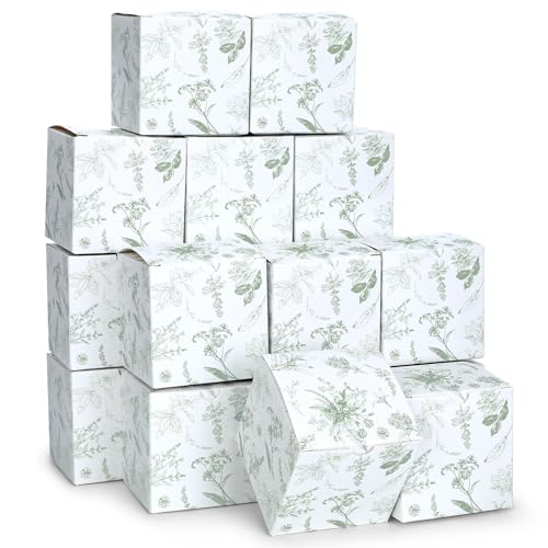 TecUnite 50 Pcs 3x3x3'' Green Floral Paper Gift Candy Boxes Chinoiserie Flower Paper Gift Box Small Green White Hydrangea ...