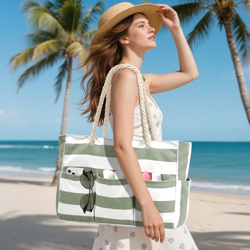 Becokan Beach Bags for Women Canvas Large Beach Tote Bag Zipper Waterproof Sandproof Foldable Swim Pool Bag with 7 Pockets