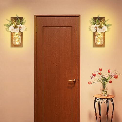 Rustic Wall Sconces Mason Jar Sconces Handmade Wall Art Hanging Design with Remote Control LED Fairy Lights and White Peon...