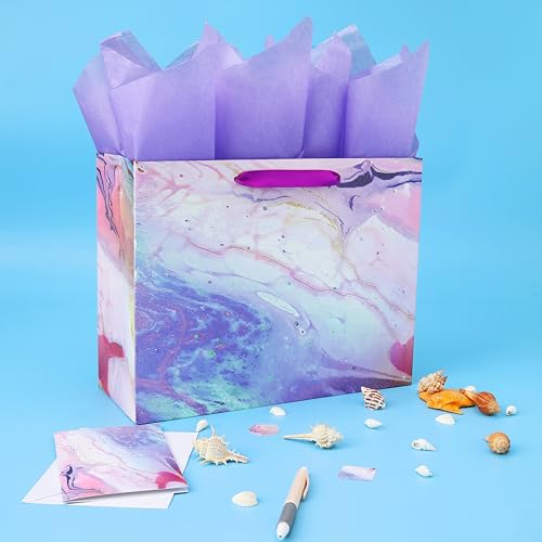 13" Large Purple and Red Gift Bag Set with Greeting Card and Tissue Paper(Marble Design) for Celebrating Birthdays, Mothe...