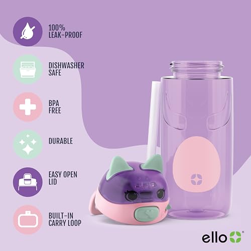 Ello Ellies 16oz Plastic Kids Water Bottle with Straw and Built-in Carrying Handle and Leak-Proof Locking Lid for School b...