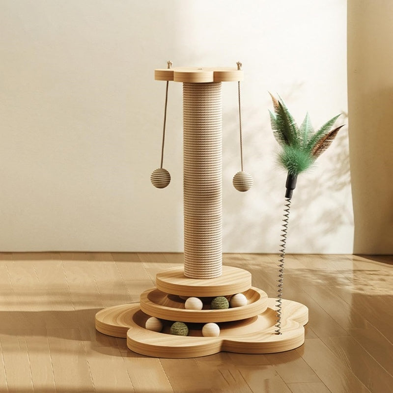 Pet Cat Toy Solid Wood Cat Turntable Funny Cat Stick Balls Durable Sisal Scratch