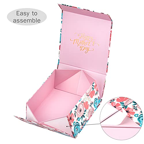 WRAPAHOLIC 1 Pcs 8x8x4 Inches Rose Gold Foil Happy Mother's Day Lettering and Floral Gift Box with Satin Ribbon, Collapsib...