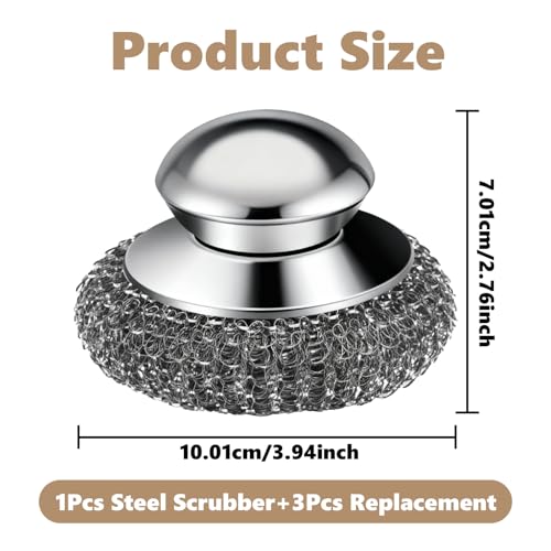 Steel Wool Scrubber, 4-Pack Stainless Steel Scrubber Pads with Handle - The Ultimate Scouring Solution for Rust, Stubborn ...