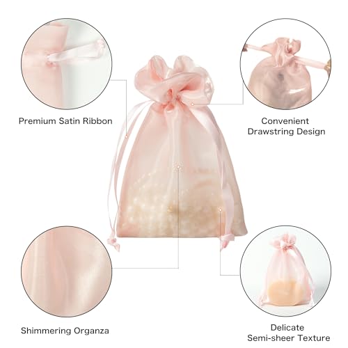 QIANF 20 Pcs Pink Small Organza Bags 4X6 inch for Wedding Favors with Drawstring, Mini Mesh Gift Bags Jewelry Pouch for Ca...