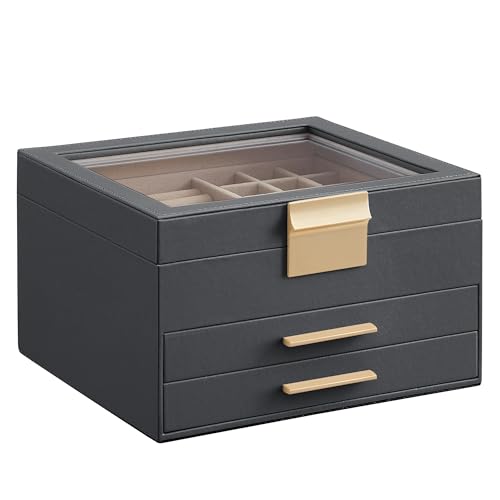 SONGMICS GISELLA Collection - Jewelry Box Organizer, 3-Layer Jewelry Storage with 2 Drawers, Shiny Metal Hardware, Glass L...
