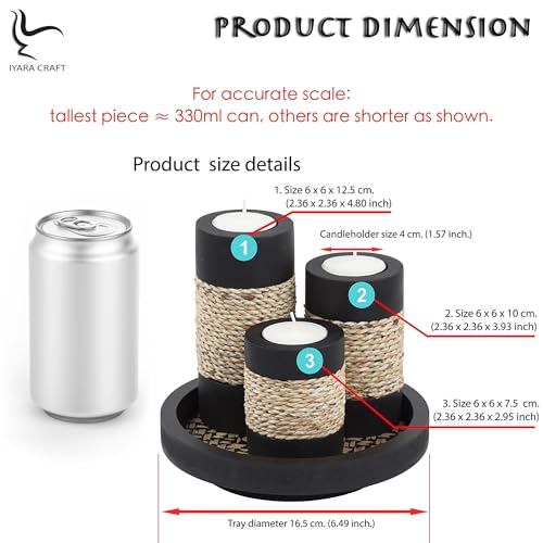 IYARA CRAFT Tealight Candle Holders with Tray – Set of 3 Rustic Black Wooden Candle Holders with Natural Rope Accent, Cozy...