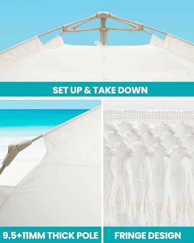 OutdoorMaster Pop Up Beach Tent with Fringe for 4 Person, Easy Setup and Portable Beach Shade Sun Shelter Canopy with UPF ...