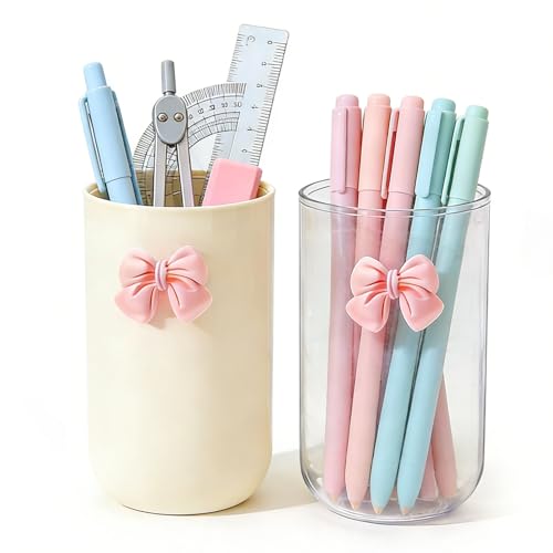 MWRDSM 2 Pack Pen Pencil Holder for Desk, Acrylic Desk Organizer with Bow Clear Makeup Brush Holder Cup Desktop Stationery...
