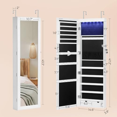 SONGMICS 6 LEDs Mirror Jewelry Cabinet, 47.2-Inch Tall Lockable Wall or Door Mounted Jewelry Armoire Organizer with Mirro...