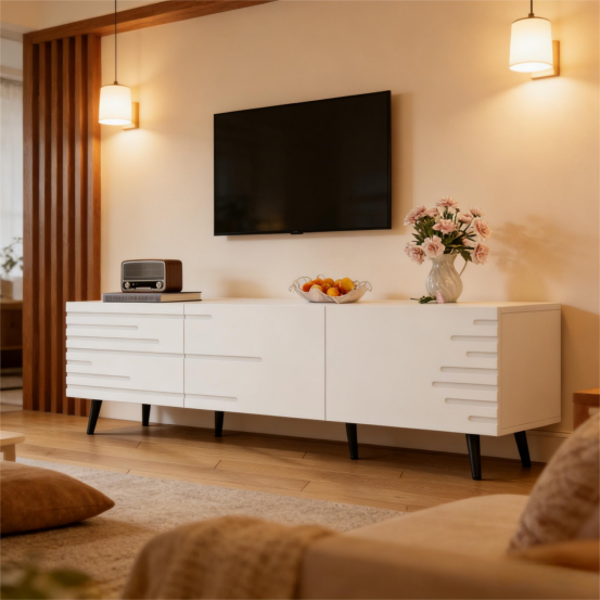 180 X 40 X 48 Cm TV Cabinet With 3 Hinged Doors, Lowboard, TV Stand, Cabinet, Living Room Cabinet, Printed Design, White, Suitable For TVs Around 80 Inches, Large Storage Space, Made Of MDF Material.
