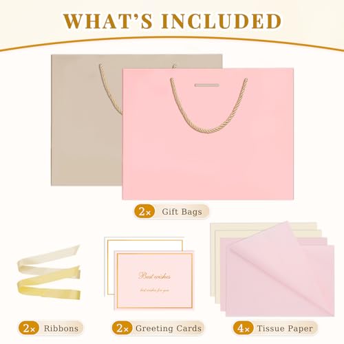 ANZNKU 2PCS Pink & Beige Gift Bags for Women, Medium Gift Bags with Handles 4 Tissue Paper 2 Ribbons 2 Cards for Her Weddi...