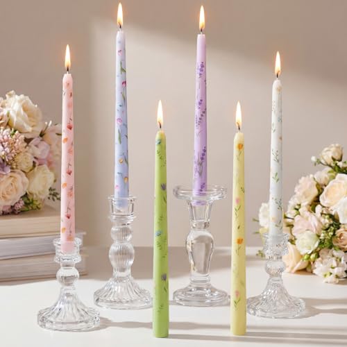 Conelist 6 Pcs 9.8" Floral Long Taper Candles Blue and White Porcelain Candlesticks Tall Smokeless Unscented Tapered Candl...