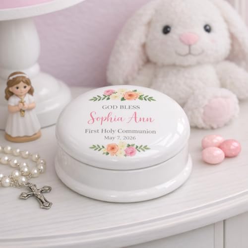 Personalization Universe Pink Porcelain Personalized Floral First Communion Jewelry Box - Customizable with Name, Date & M...