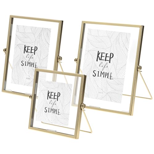 QWORK Gold Floating Picture Fram, Set of 3 Glass Double Panel Metal Frame, Includes 5x7, 4x6, 4x4, Tabletop Display for Po...
