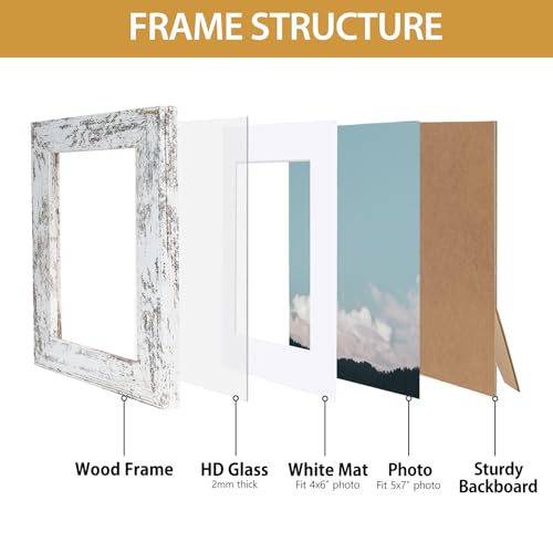 Califortree Rustic White 5x7 Picture Frame - Display Photos 4x6 with Mat or 5x7 Without Mat - Real Glass Frames for Wall a...