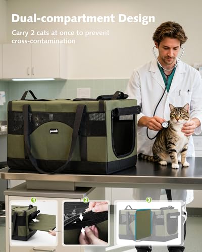 Pecute Dual Compartment Pet Carrier for Multi-Cat Families & Small Dog Owners, Collapsible Dog Crate with Reinforced Steel...