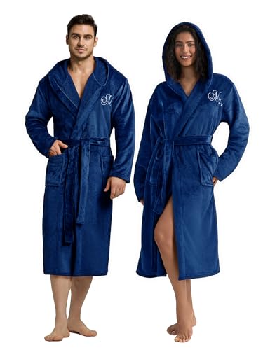 AW BRIDAL 2Pcs Mr and Mrs Robes for Couples Fleece, Matching Long Hooded Robes for Men Women, His and Hers Wedding Gifts
