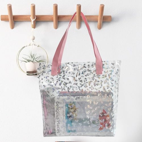 TotePrint Holographic Clear Tote Bag, Waterproof Beach Bag with Pink Handles, Large 11.8"x12.2"x4.3", TSA Compliant | Holo...