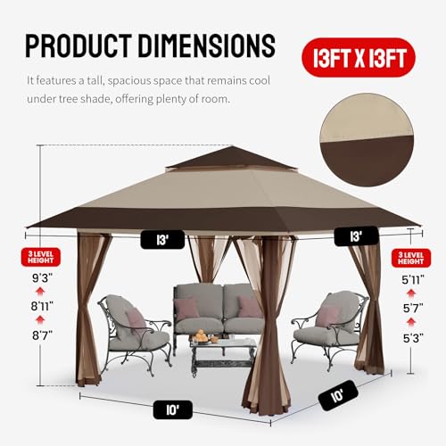 CROWN SHADES 13x13 Pop Up Gazebo, Canopy Tent, Gazebos on Clearance - Outdoor Gazebo for Backyard & Patio Furniture - Carp...