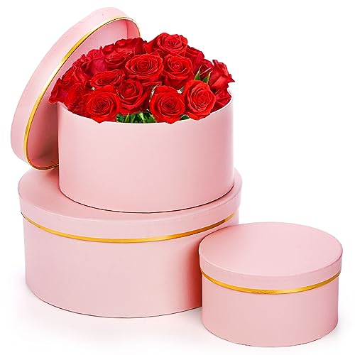 Coloch 3 Pcs Round Gift Boxes with Lid, Pink Flower Box with Golden Rim Nested Party Favor Boxes for Flower Arrangement, B...