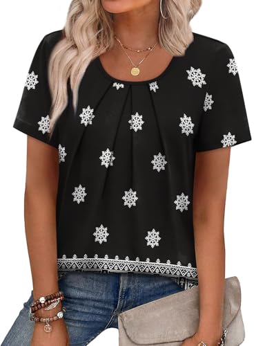 WIHOLL Women T Shirts Pleated Short Sleeve Tops Business Casual Dressy Blouses