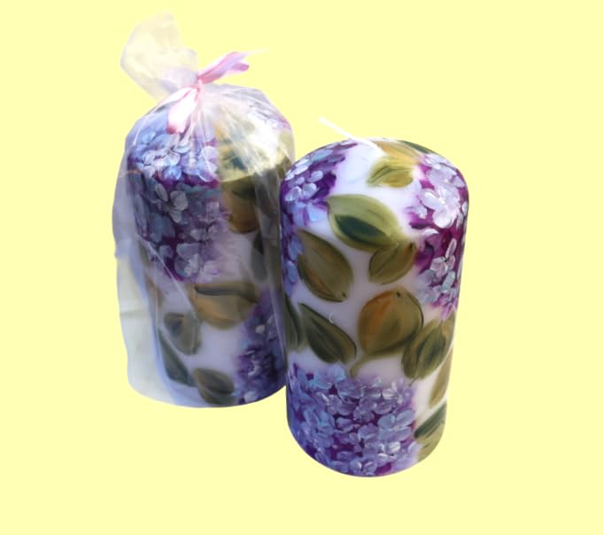 Pretty Decorative Unscented Dripless Romantic Large Tall Decorated White Pillar Flower Candle with Artist Hand Painted Lav...