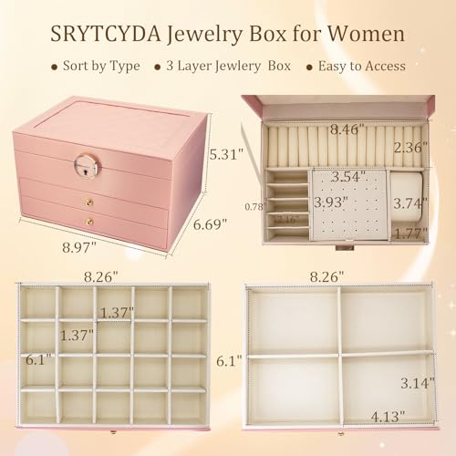 SRYTCYDA SRTCYDA Jewelry Box for Women, Large PU Leather jewelry organizers and storage, 3-Layer Jewelry Storage with 2 Dr...