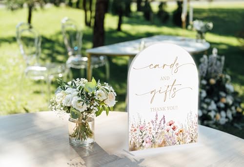 Boho Floral Wedding Cards and Gifts Sign, Wedding Reception Table Decorations, Arched Acrylic Table Sign with Base for Bri...