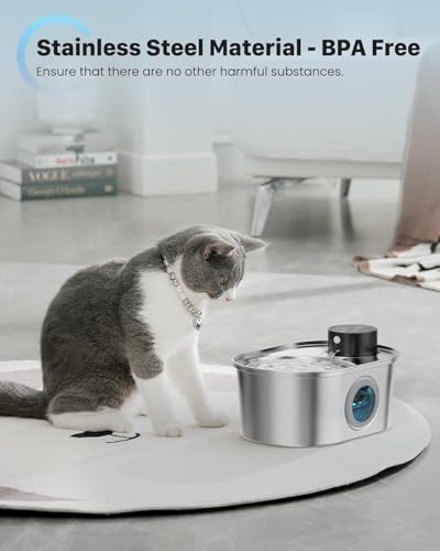 Wireless Cat Water Fountain: Battery Operated Stainless Steel Pet Fountain, Automatic Cordless Water Dispenser Indoor, Met...