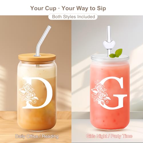 Custom Cups for Women – 16oz Monogrammed Glass Tumbler with Lid & Straw–Personalized Cups with Names, Personalized Birthda...